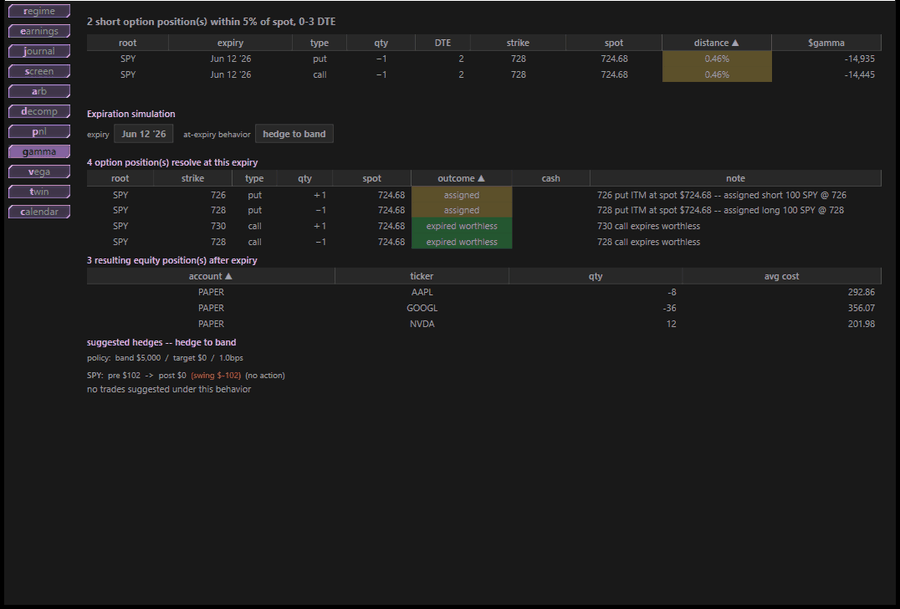 Pin risk view showing short options near strike into expiry with an expiration simulator